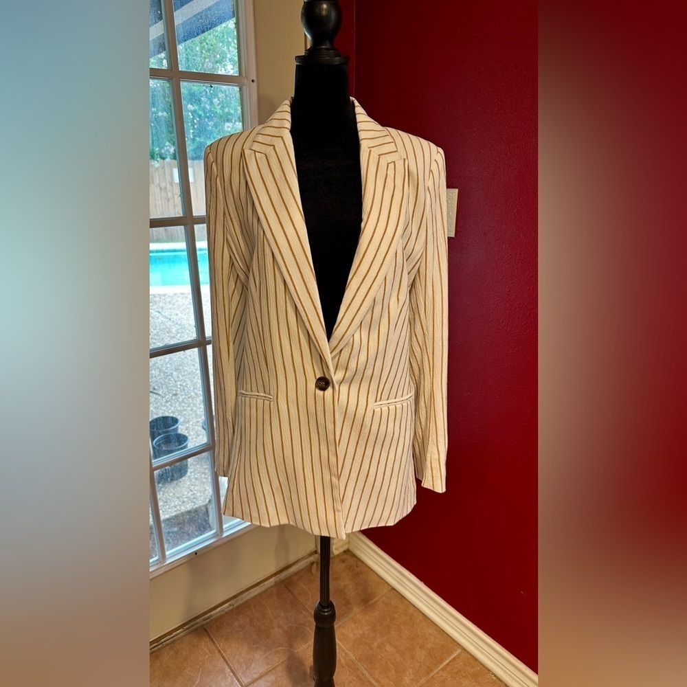 H&M Women’s Blazer US 6 | Beige White Pinstripe | Longline One-Button